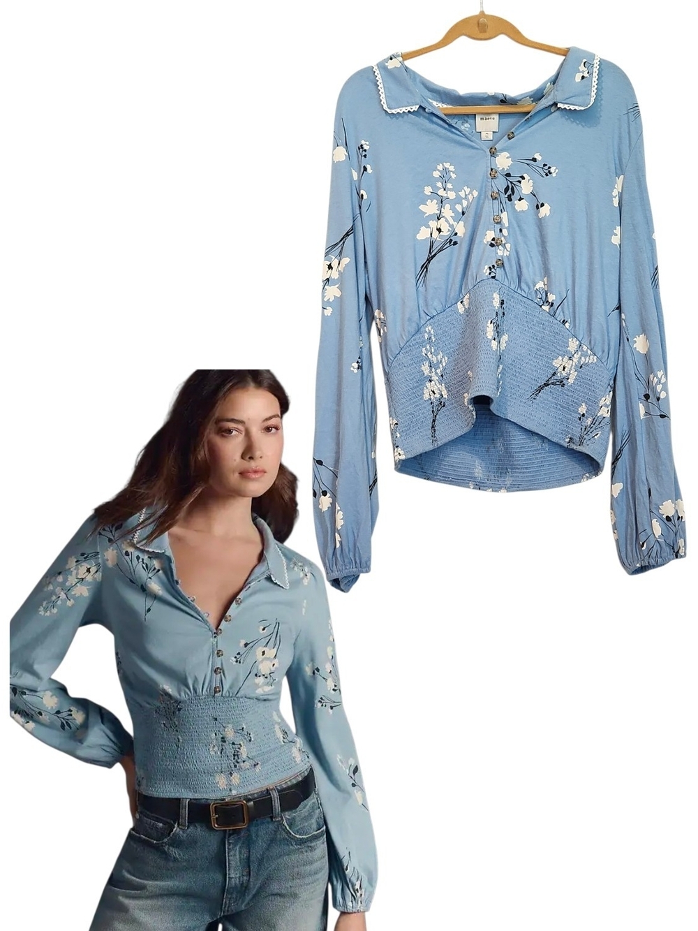 Anthropologie Maeve Blue White Floral Smocked Waist Top Scallop Trim Cotton XL